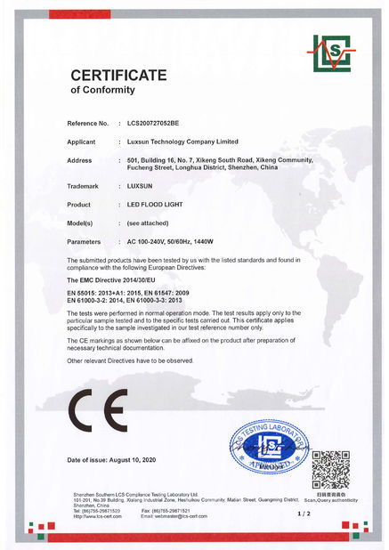 China Luxsun lighting Co.,Ltd certificaten